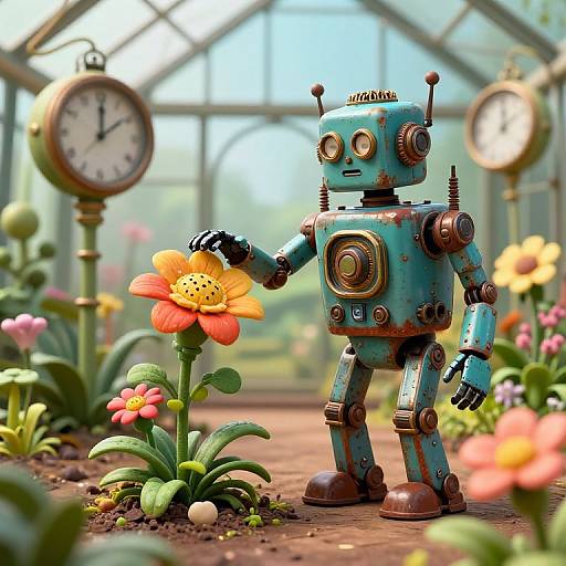 Retro-Futuristic Robot Tending Clockwork Plants