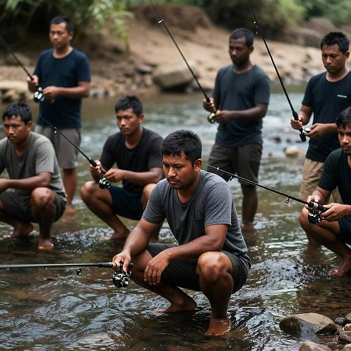Group of Men Fishing in River