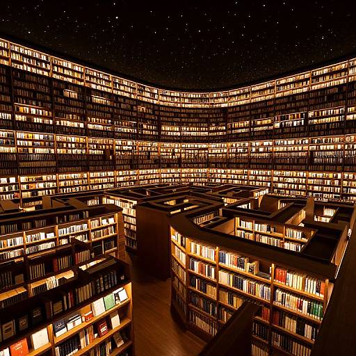 Nighttime photograph of a circular, multi-story library with thousands of illuminated bookshelves, creating a starry, glowing, celestial effect.