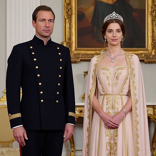 Photograph of a man in a black military uniform and a woman in a pink, gold-embroidered gown with tiara, standing in a