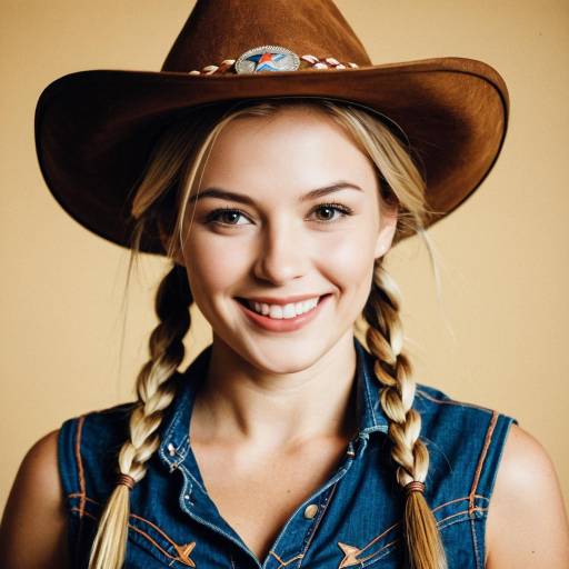 Smiling Woman in Cowboy Hat and Denim Vest