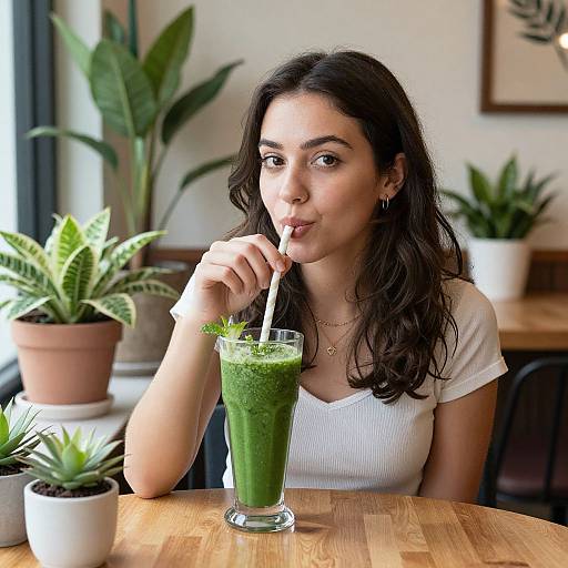 Photograph of a young woman with long dark hair, wearing a white top, sipping a green smoothie in a plant-filled café.