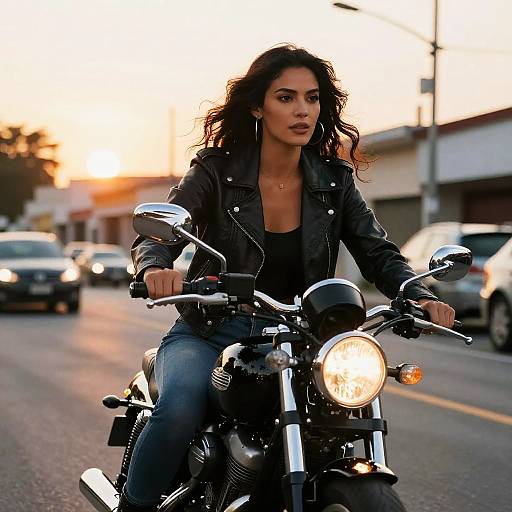 Photograph of a confident, dark-haired woman in a black leather jacket riding a motorcycle at sunset, with blurred cars and buildings in the background.