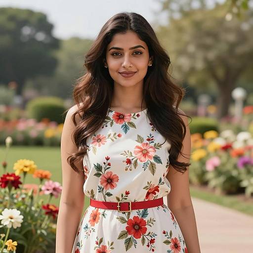 Portrait of Woman in Floral Dress in Sunny Garden