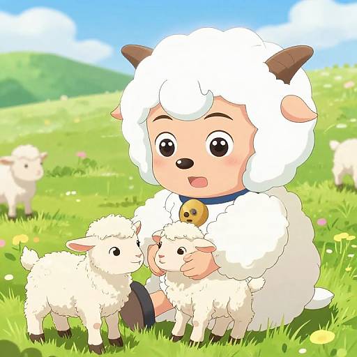 Sheep Anime Girl in Spring Field