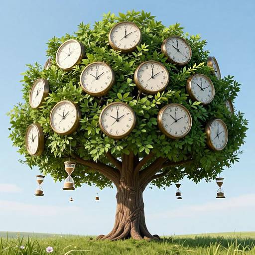 Digital illustration of a lush green tree with 12 round clocks displaying different times, hanging bell charms, and a clear blue sky background.