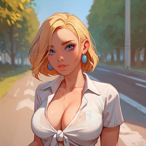 Blonde Beauty Outdoors in White Shirt