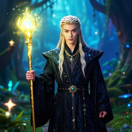 Digital artwork of a silver-haired, pale-skinned, magical forest sorcerer holding a glowing, golden staff, wearing a black, ornate robe with