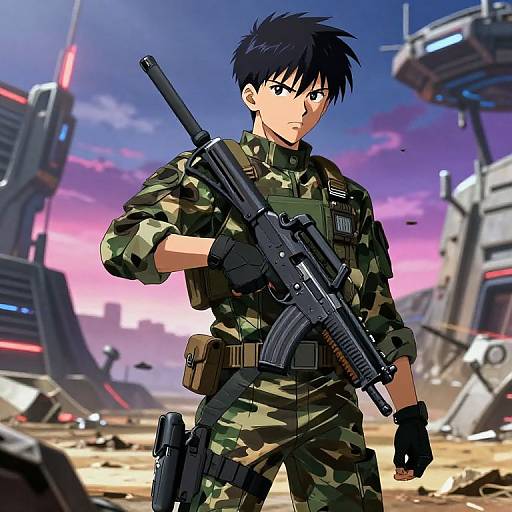 Anime-style digital drawing of a serious young soldier with black hair, wearing camouflage uniform, holding a rifle, in a futuristic war-torn city with glowing