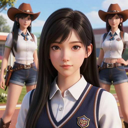 Digital art of three Asian women in white shirts, dark vests, and cowboy hats, standing outdoors with a blue sky background.