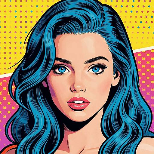 Pop art-style digital drawing of a blue-eyed woman with vibrant blue hair, pink lips, and bold comic book background with yellow and pink dots.