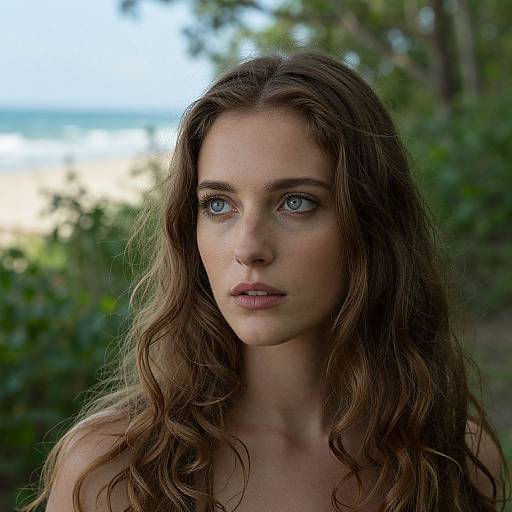 Photograph of a young woman with long, wavy brown hair, blue eyes, and fair skin, standing outdoors against a blurred green background.