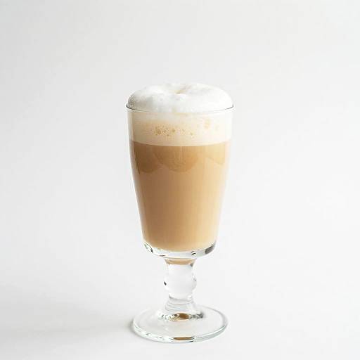 Photograph of a glass filled with frothy, light brown milkshake, standing on a white background, with bright light highlighting the top.