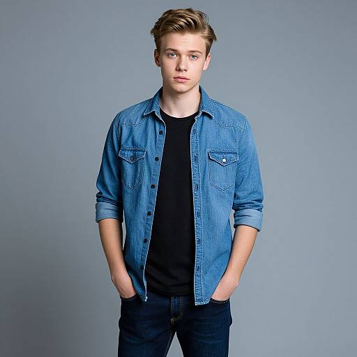 Photograph of a young, fair-skinned man with short, brown, styled hair wearing a blue denim shirt over a black t-shirt and dark jeans