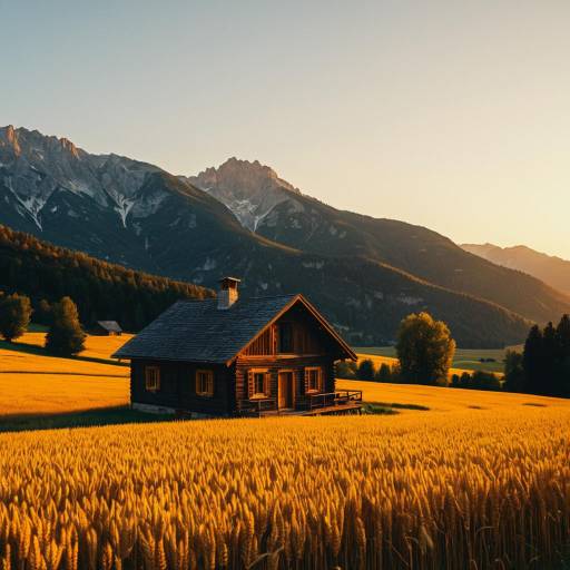Mountain Cabin by Golden Wheat Fields at Sunset