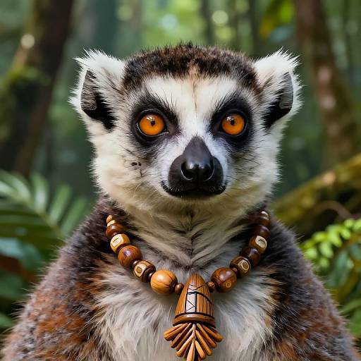 Photograph of a ring-tailed lemur with striking orange eyes, wearing a wooden bead necklace with a detailed pendant, set against a lush, green