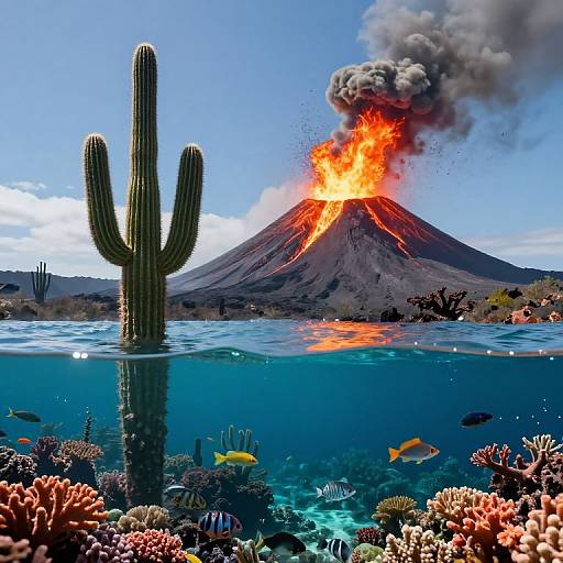 Photograph of a cactus in a coral reef underwater, with a erupting volcano emitting bright orange flames and smoke above the clear blue water.