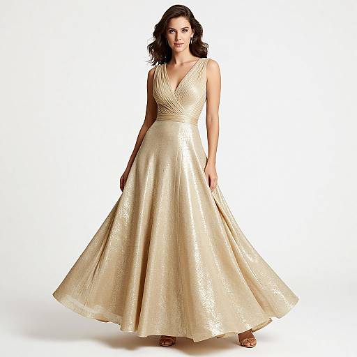 Photograph of a dark-haired woman in a sleeveless, gold, V-neck, floor-length gown with a pleated skirt, standing against a white