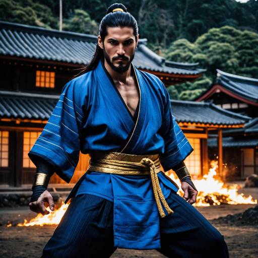 Samurai in Blue Kimono in Feudal Japanese Village