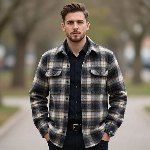 Realistic Man in Flannel Outfit Outdoors
