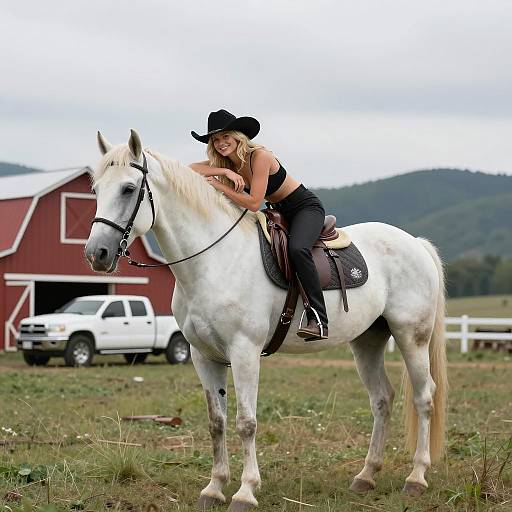 Blonde Woman on White Horse in Field