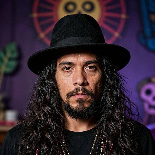 Photograph of a Middle Eastern man with long black hair, beard, and mustache, wearing a black hat and shirt, against a colorful, eclectic