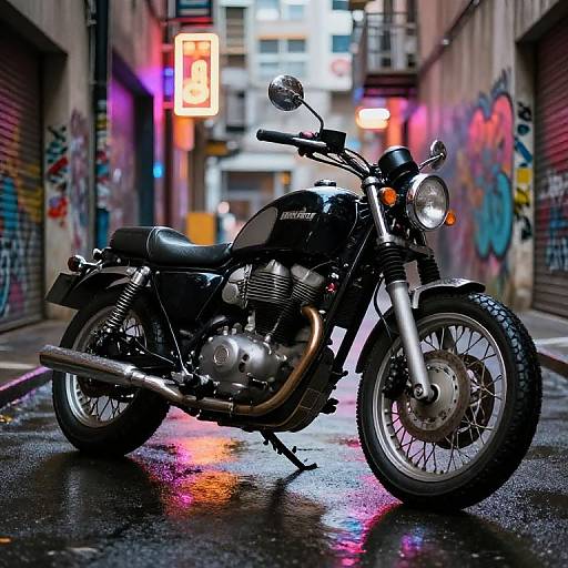 Photograph of a black Honda motorcycle with chrome accents parked on a wet, graffiti-covered urban alley at night, illuminated by neon signs.
