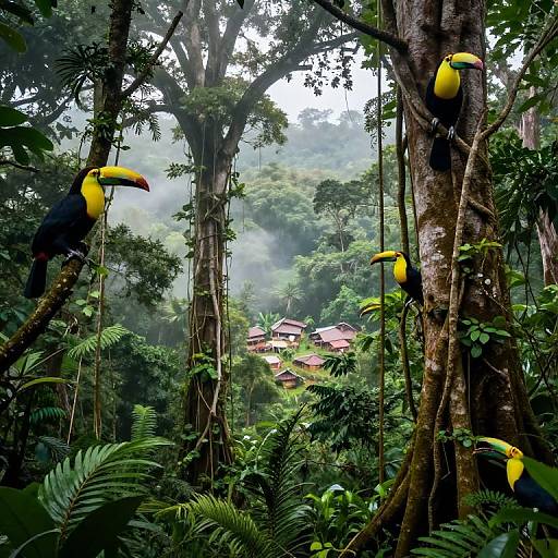 Photograph of a lush, misty tropical forest with vibrant yellow, black, and orange toucans perched on tall trees, overlooking a distant
