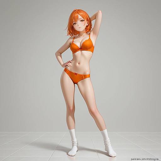 Anime Girl in Orange Lingerie and White Socks