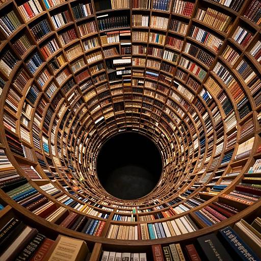 Photograph of a circular library with shelves of colorful books spiraling upwards, creating a tunnel-like effect, viewed from below.