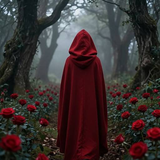Photograph of a mysterious figure in a red hooded cloak, standing amidst a foggy forest path lined with red roses.