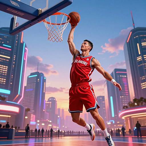 Digital illustration of a muscular Asian male basketball player in a red jersey, mid-air dunk, against a neon-lit, futuristic cityscape.