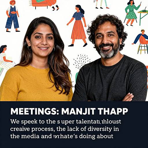 Photograph of a smiling Indian couple, woman in yellow sweater, man in black shirt, with colorful cartoon background, text overlay: 
