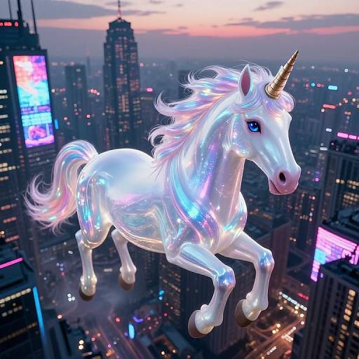 Digital artwork of a glowing white unicorn with a golden horn, flying above a neon-lit city skyline at dusk.