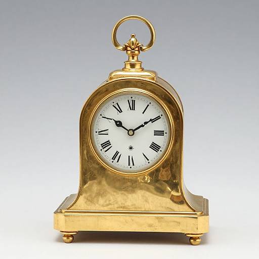 Photograph of an elegant, gold-toned, vintage pendulum clock with a white face, black Roman numerals, and black hands, standing against
