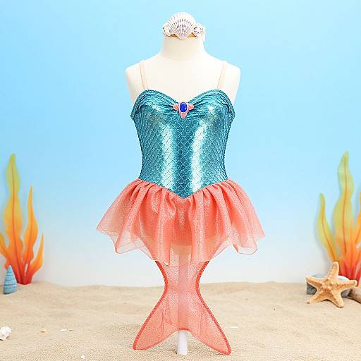 Photograph of a mermaid dress mannequin: teal shimmer top, red tulle skirt, fish tail, white background, sandy floor, orange