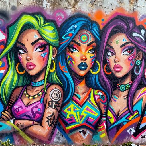 Digital art of three vibrant, heavily tattooed women with colorful hairstyles, face paint, and bold makeup, wearing neon clothes and large hoop earrings, against