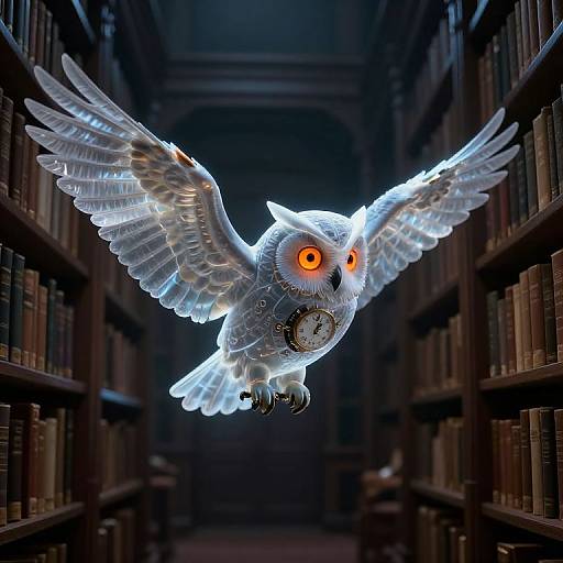 Digital artwork of a glowing, metallic owl with vivid orange eyes, wide wings, and a clock on its chest, flying down a dark, book-filled