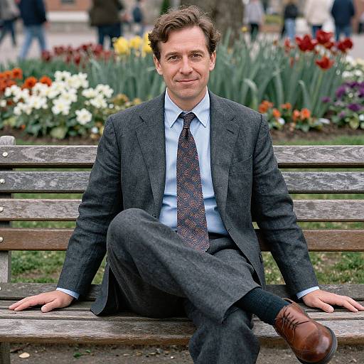 Photograph of a middle-aged man with short brown hair, wearing a dark gray suit, blue shirt, patterned tie, and brown shoes, sitting