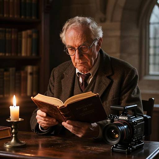 Photograph of an elderly man with white hair and glasses, wearing a dark suit, reading a book by candlelight in a library, with a vintage