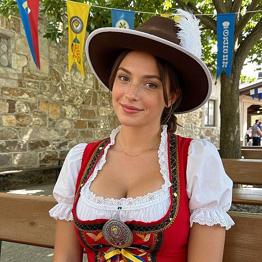 Photograph of a smiling young woman with fair skin and brown hair, wearing a brown hat with white feather, red dirndl with white lace, sitting