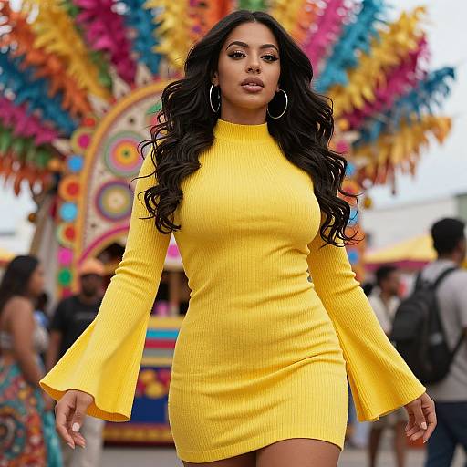 Photograph of a confident woman with long, wavy black hair wearing a tight, yellow ribbed dress with flared sleeves, large hoop earrings,