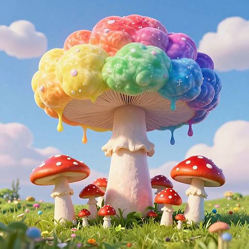 Colorful, dripping, oversized mushroom with rainbow caps and red-spotted mushrooms in a bright, grassy field under a blue sky. Digital art.