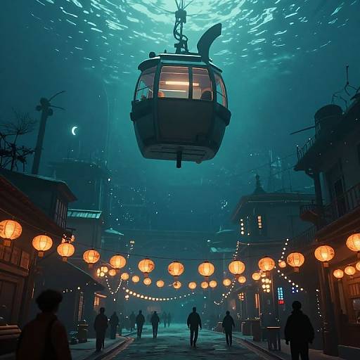 Digital artwork of a futuristic, neon-lit street at night, with a glowing cable car suspended above, surrounded by hanging lanterns and silhouet