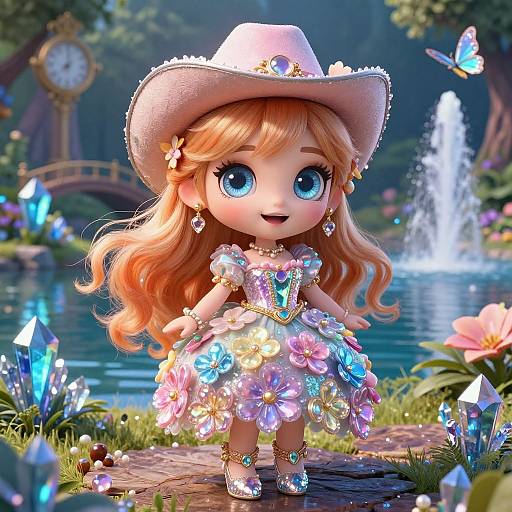 Digital artwork of a cute, blue-eyed, blonde doll in a sparkly dress and white hat, standing by a magical, crystal-filled pond.