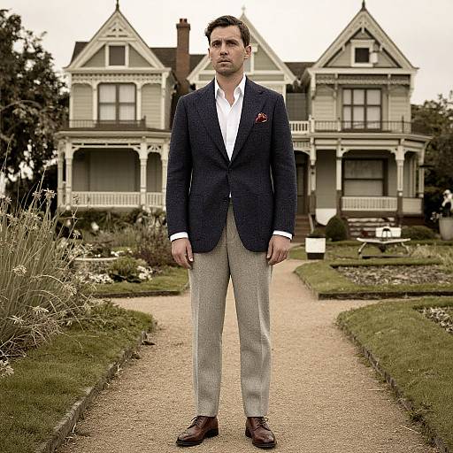 Photograph of a serious, dark-haired man in a navy blazer, white shirt, gray pants, brown shoes, standing on a garden path in