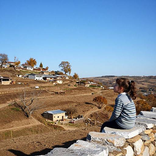 Photograph of a woman with brown hair in a ponytail, wearing a striped sweater, sitting on a rock, overlooking a rural hillside with scattered