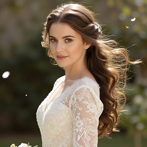 Photograph of a beautiful woman with long, wavy brown hair in an elegant white lace wedding dress, smiling softly outdoors.