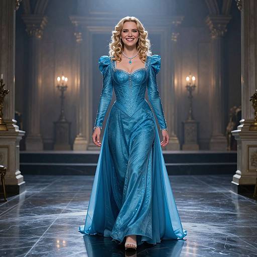 Photograph of a smiling blonde woman with curly hair, wearing a blue, long-sleeved, fitted, Renaissance-style gown, walking down a dim