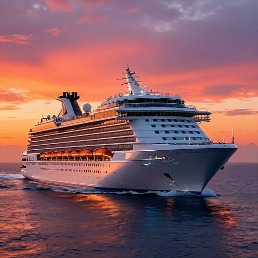 Photograph of a large white cruise ship sailing at sunset, with vibrant orange and pink sky reflecting on calm ocean waters.